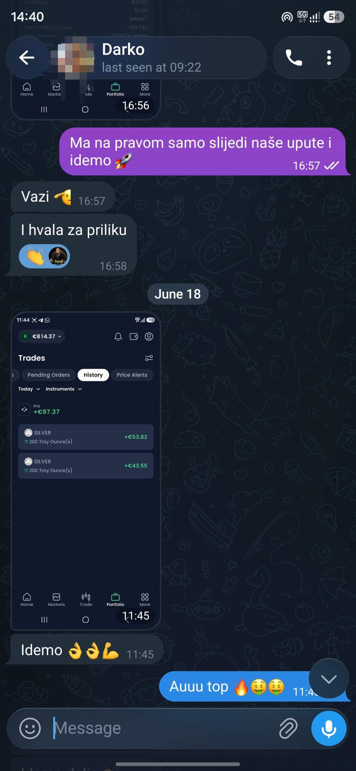 Poruka člana Telegram grupe o rezultatima trgovanja 7