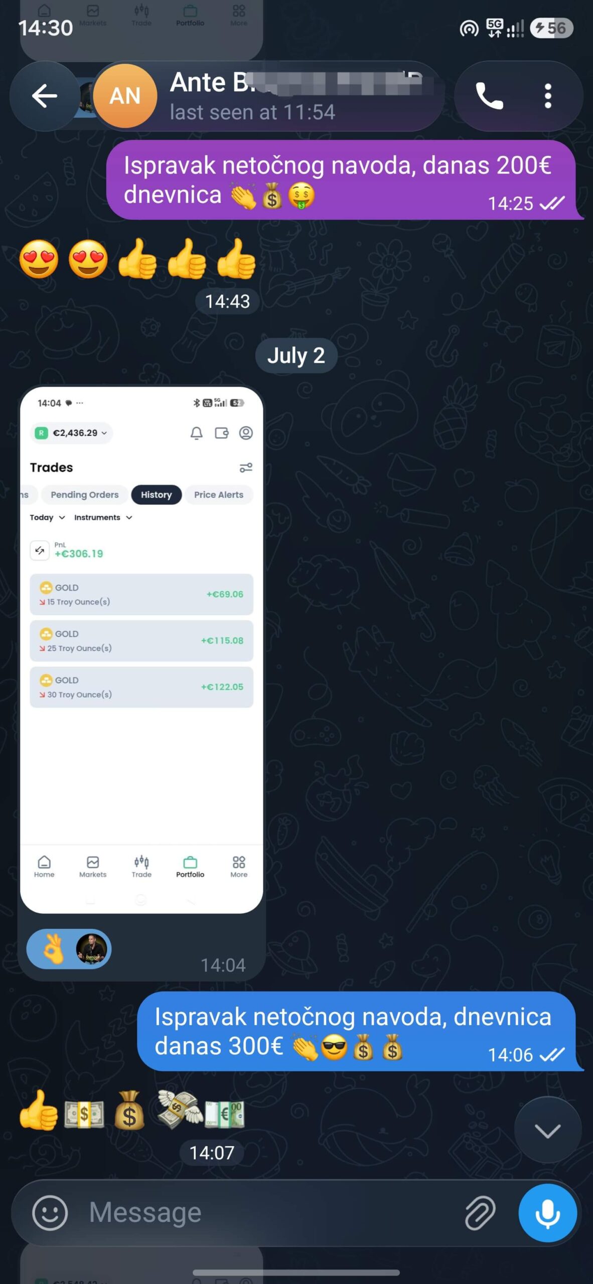 Poruka člana Telegram grupe o rezultatima trgovanja 1