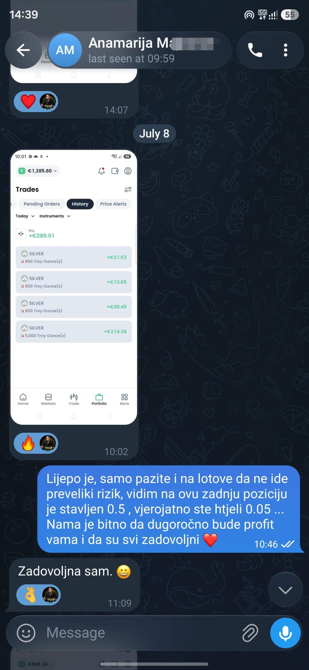 Poruka člana Telegram grupe o rezultatima trgovanja 5
