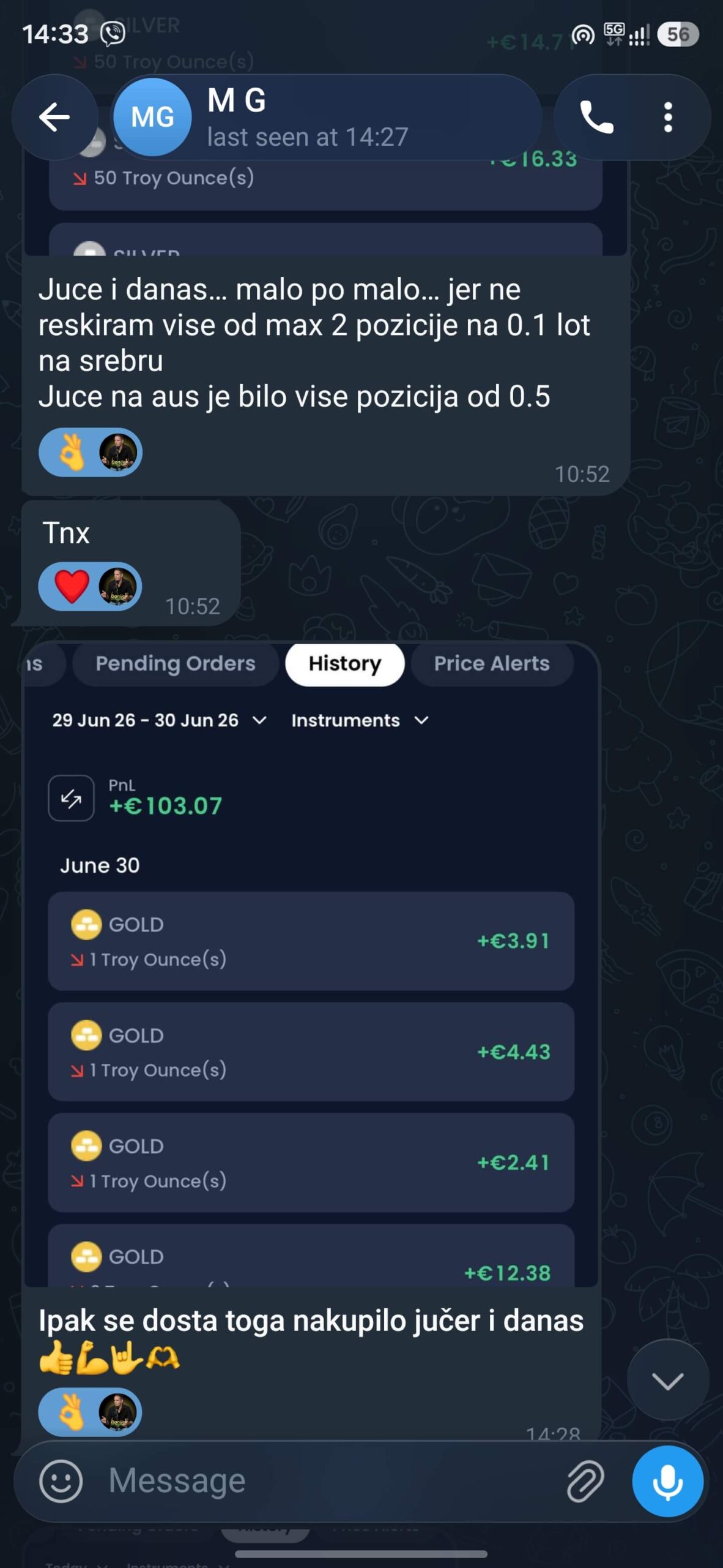 Poruka člana Telegram grupe o rezultatima trgovanja 4