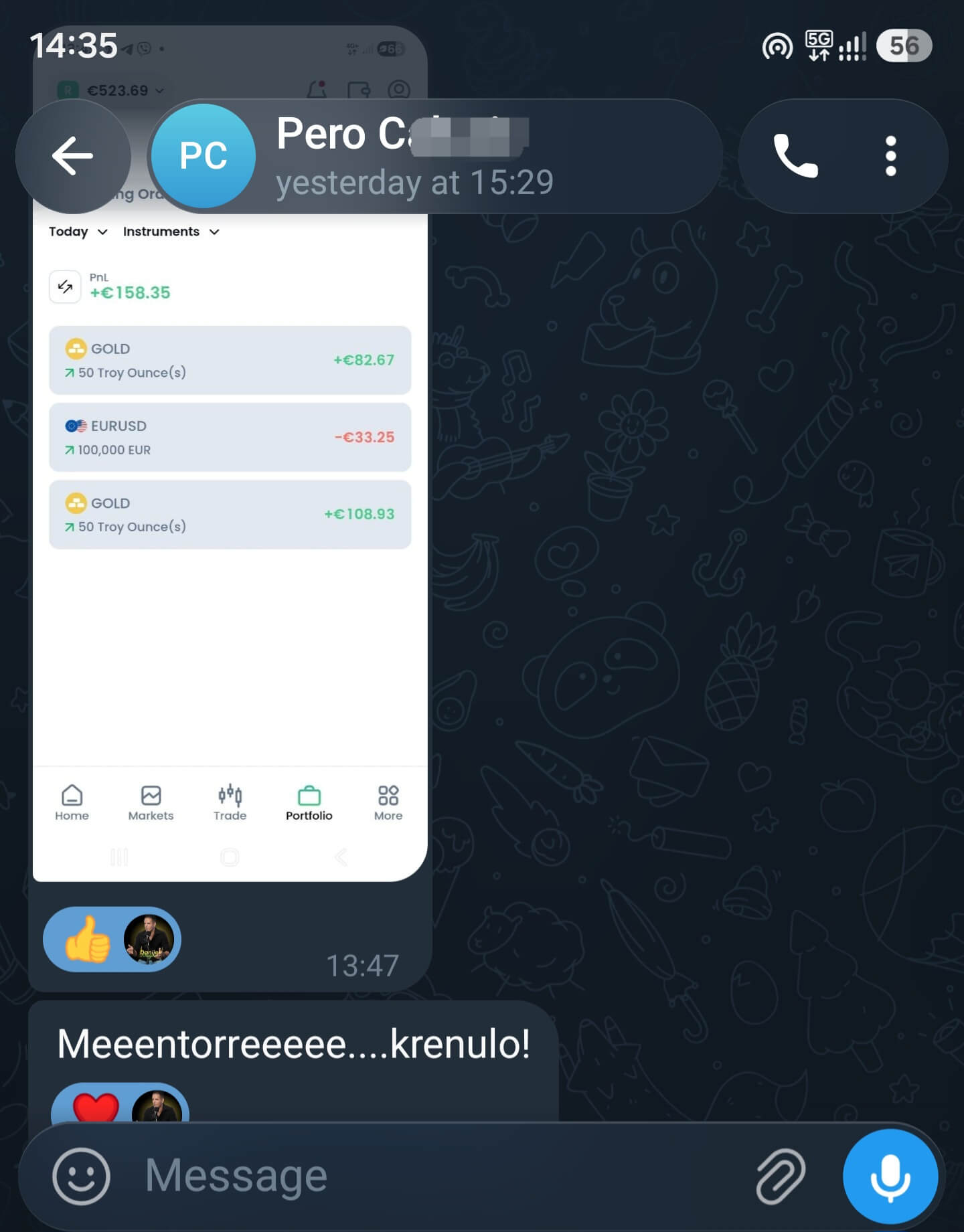 Poruka člana Telegram grupe o rezultatima trgovanja 6